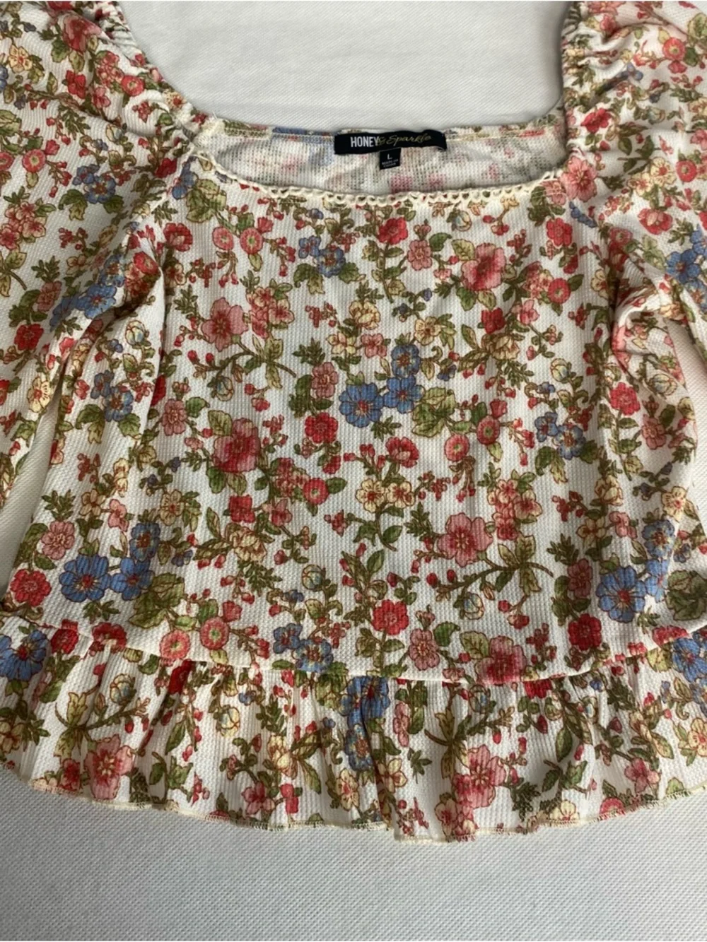 Honey & Sparkle Floral Crop Top Women Large Waffle Knit Cottagecore Feminine - Picture 6 of 14